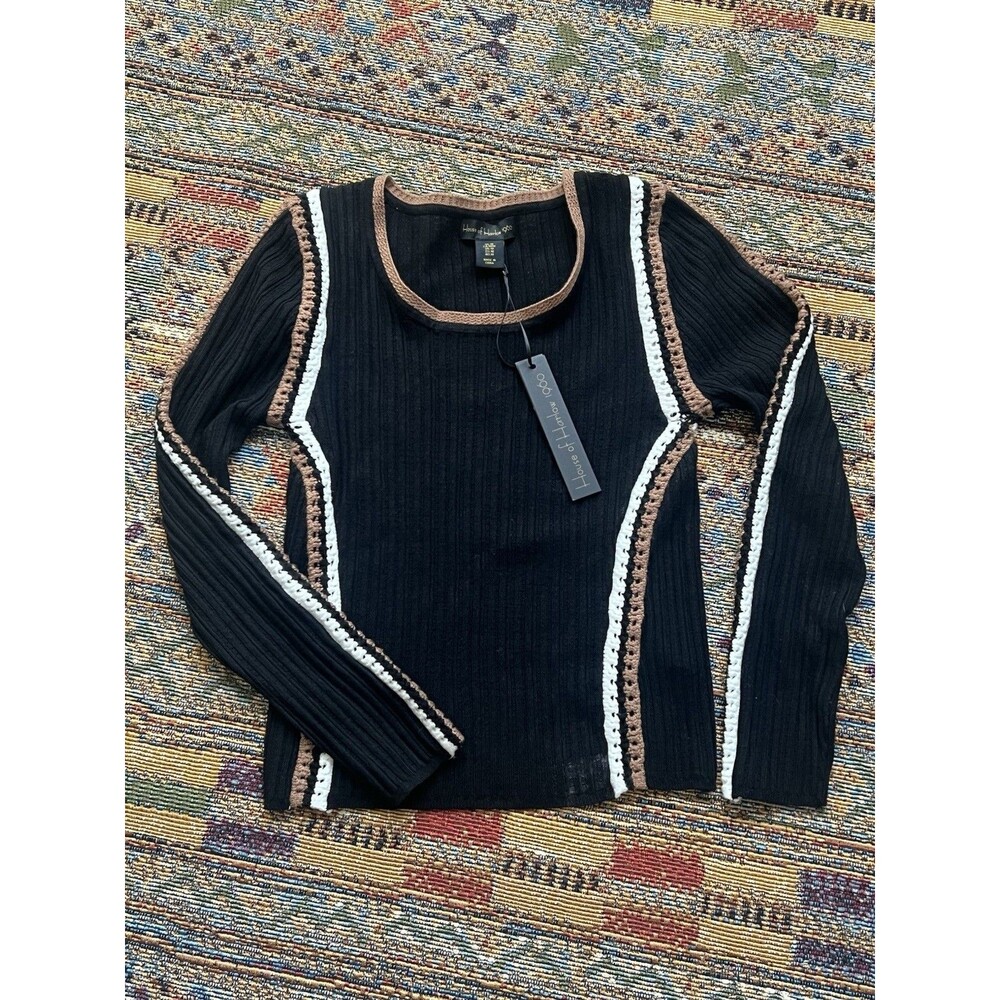 House of Harlow 1960 Black Ribbed Knit Crochet Trim Sweater Size M Boho New